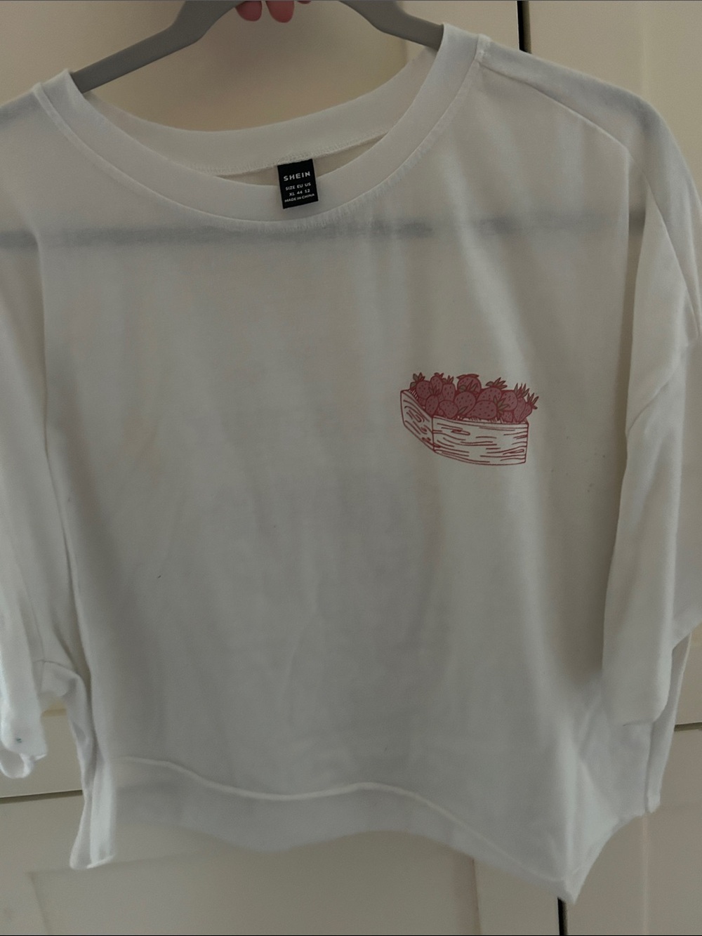 SHEIN White Cropped Long Sleeve Top with Pink Strawberry Crate